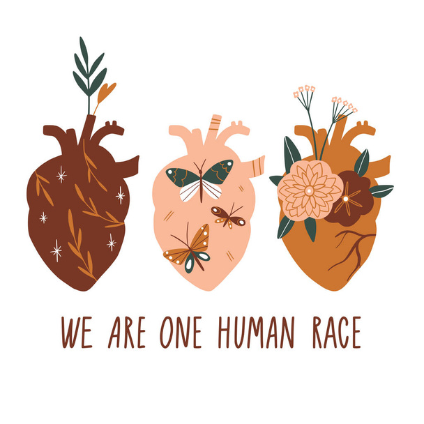 We are one human race. Equal rights for all skin colors. Beautiful floral hearts. No racism, black lives matter concept. Flat style social poster, banner. Supporting illustration. Vector - Вектор,изображение