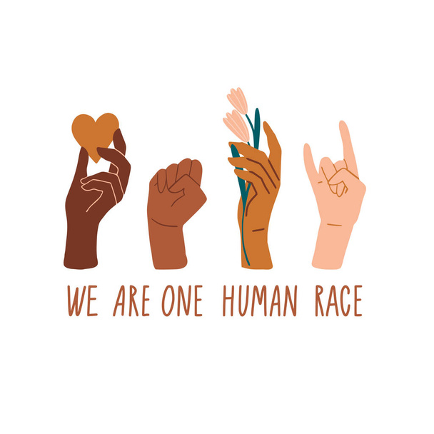 Jsme jedna lidská rasa. Rovná práva pro všechny. Různé barvy kůže rukou. Žádný rasismus. Na černých životech záleží. Plochá sociální karta, plakát, banner s textem. Podpůrná ilustrace. Vektor - Vektor, obrázek