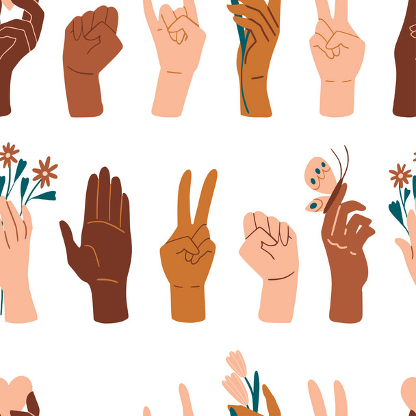 Palms seamless pattern. Different skin colors hands with flowers. Human palms, wrists, gestures. No racism, We are equal concept. Flat style social supporting illustration. Vector texture - Vektör, Görsel