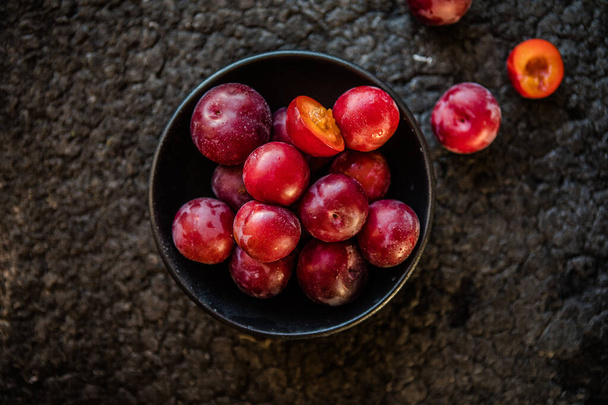 Macro Photo food fruit plums. Texture background of fresh plums. - Fotó, kép