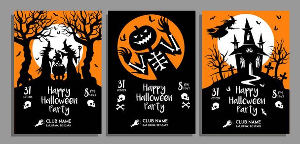 set of Halloween party posters in black and orange colors. Vector design template of invitations, invite, cards, flyer, afiche in cartoon silhouette style. Witches, Jack o lantern and haunted mansion - Vector, Image