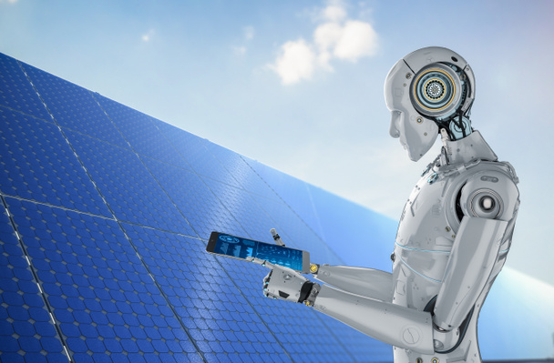 Concept d'énergie intelligente Le robot de rendu 3D fonctionne avec un panneau solaire - Photo, image