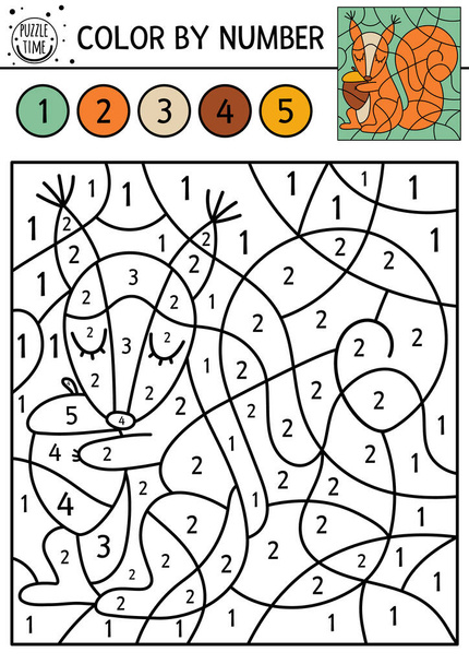 Color del bosque vectorial por actividad numérica con ardilla y bellota. Bosque de otoño contando juego con animales lindos. Divertido otoño o granja para colorear página para niños. - Vector, imagen