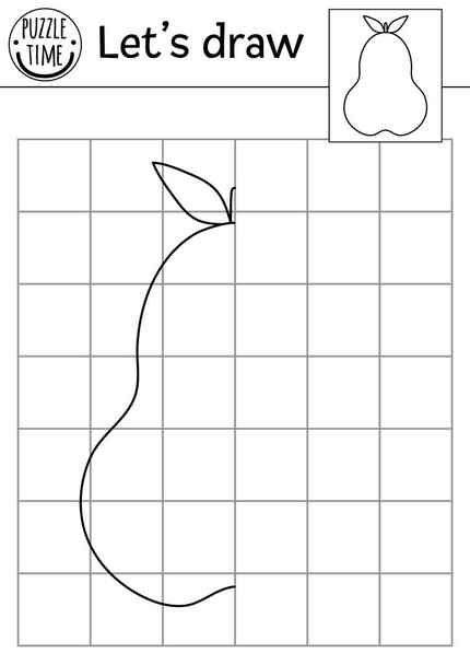 Maak de perenfoto af. Vector tuin symmetrische tekening praktijk werkblad. Afdrukbare zwart-wit activiteit voor kleuters met fruit. Kopieer de foto oogst thema gam - Vector, afbeelding