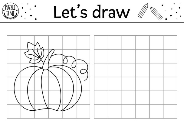 Complete the pumpkin picture. Vector garden drawing practice worksheet. Autumn Thanksgiving printable black and white activity for preschool kids. Copy the picture insect themed gam - Vector, Image