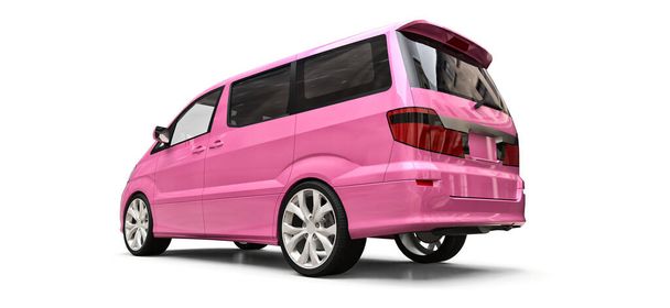 Růžový malý minivan pro přepravu osob. Trojrozměrná ilustrace na lesklém bílém pozadí. 3D vykreslování - Fotografie, Obrázek