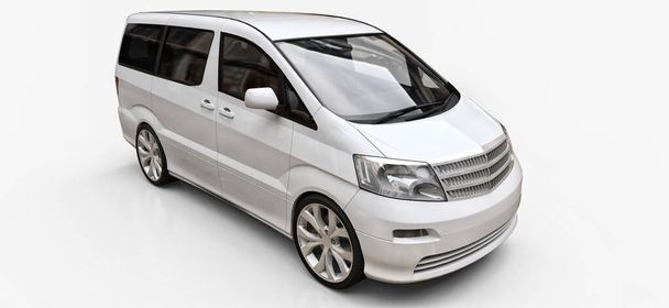 Bílý malý minivan pro přepravu osob. Trojrozměrná ilustrace na lesklém bílém pozadí. 3D vykreslování - Fotografie, Obrázek