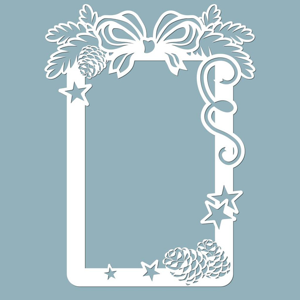 Photo frame with a bow, fir branches, cones, stars and streamers. Laser cutting. Vector illustration. Pattern for laser cutting, scrapbooking, plotter and screen printing.. - Vector, Image