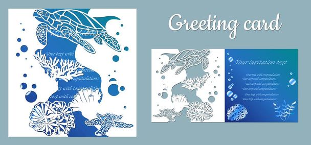 Turtle, starfish. Fauna with marine animals. Template for making a postcard. Vector image for laser cutting, plotter printing and scrapbooking.. - Vector, Image