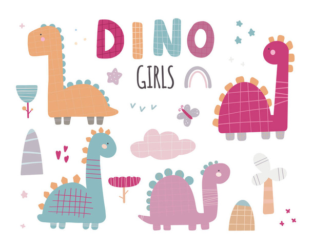 Dinosauří dívky Roztomilý vektor Set s rostlinami, stromy, kameny v módních barvách - Vektor, obrázek
