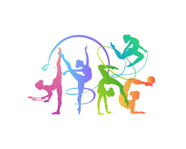 Rhythmische Sportgymnastik Mädchen mit unterschiedlichem Inventar. Vector Tänzer bunte Silhouetten - Vektor, Bild