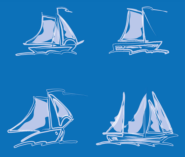 Vector contour watercolor brush sketches of various sailing boats in the sea - Wektor, obraz
