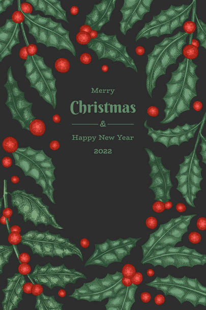 Christmas hand drawn vector greeting card design template. Vintage style botanical illustration. Winter plants xmas banner. - Vektori, kuva