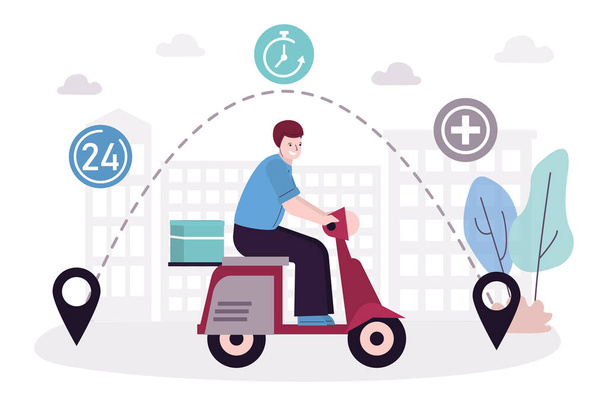 Courier on moped delivers medicaments. Man delivering medical supplies, bottles liquids and pills. Drug store. Shopping concept, fast delivery. Online pharmacy. Transport company. Vector illustration - Wektor, obraz