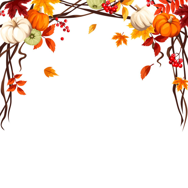 Vector decorative frame background with pumpkins, orange and brown autumn leaves, rowanberries, and willow branches. Halloween or Thanksgiving greeting card. - Vektor, kép