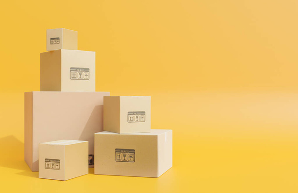 Kupa kartonowych pudełek do dostarczania towarów, paczek na żółtym tle., 3d modelu i ilustracji. - Zdjęcie, obraz