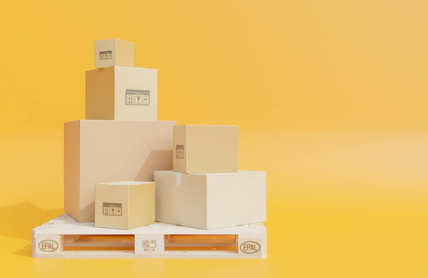 Heap de caixas de papelão para a entrega de mercadorias em paletes de madeira, parcelas em fundo amarelo., modelo 3d e ilustração. - Foto, Imagem