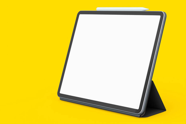 Computer tablet with cover case isolated on yellow background. 3D rendering concept of creative designer equipment and compact workspace - Foto, immagini