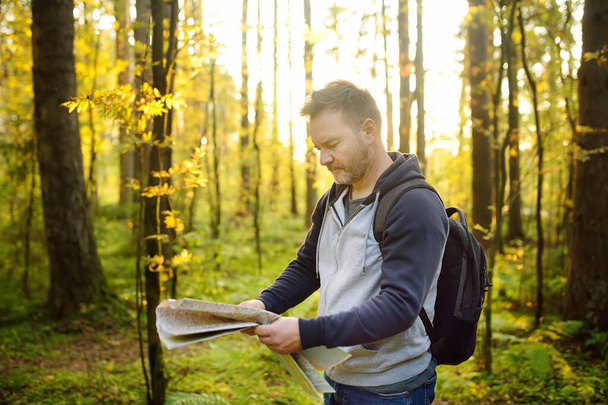 Mature man tourist is hiking. Person looking map during orienteering in sunny autumn forest. Volunteer is searching for people lost in woodland. Outdoors adventure, hike, extreme. - Fotó, kép
