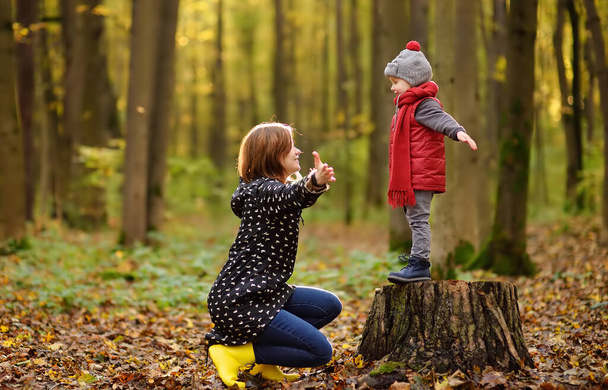 Little boy with his young mother during stroll in the forest. Active family time on nature. Fun with little kids in fall days - 写真・画像