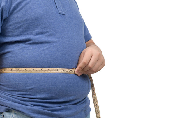 obeso gordura menino fita métrica de estômago isolado em fundo branco, saudável e perder conceito de peso - Foto, Imagem