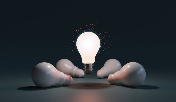 One of Lightbulb glowing among shutdown light bulb  in dark area with copy space for creative thinking , problem solving solution and outstanding concept by 3d rendering technique. - Photo, Image