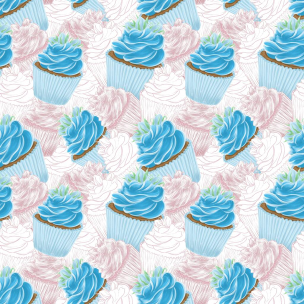 Vollständiges, nahtloses Muster farbiger, konturierter und schraffierter Illustrationen von blauem Cupcake mit Rosenblüten - Foto, Bild