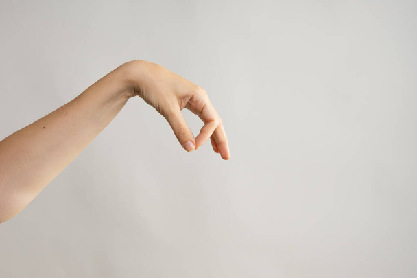 Hand gestures. Elegant female hand holding something with two fingers - Foto, Imagem