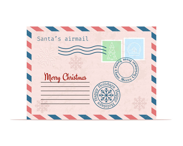 シール、切手付きクリスマス封筒。白い背景に隔離されたかわいいベクトルイラスト - ベクター画像
