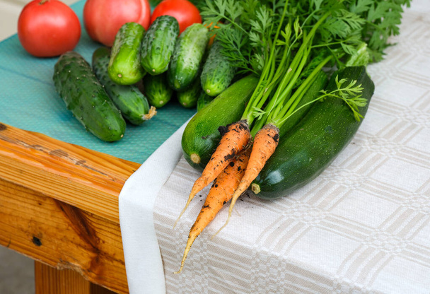 Fresh organic carrots, cucumbers, zucchini and  tomatoes lying on a table - Фото, зображення