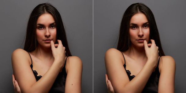 Before-after processing. Woman before and after retouch. Comparison portraits - Foto, Bild