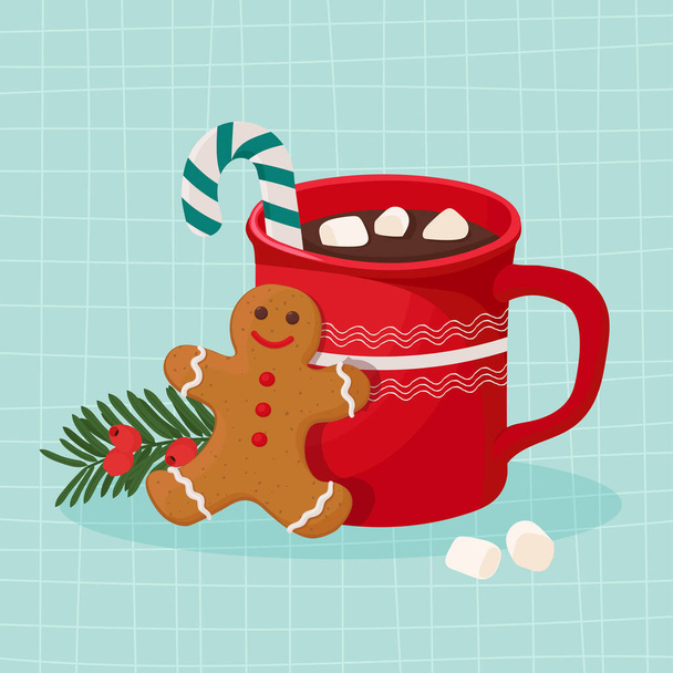 Chocolate quente com marshmallow e biscoito de gengibre. Ilustração vetorial em estilo doodle desenhado à mão. Inverno, modelo de cartão de Natal - Vetor, Imagem