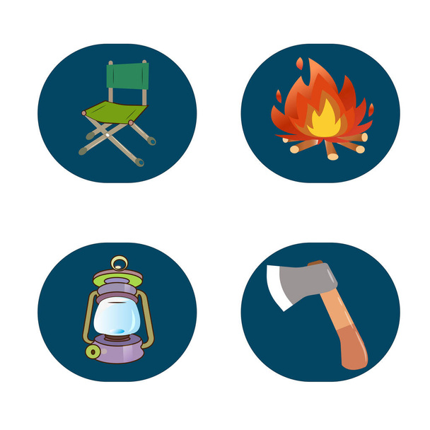 Camping supplies, ax, campfire, lamp, camping chair - Vektori, kuva