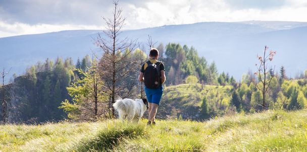красивий чоловік і біла собака ходять по природі, використовуючи бінокль повільних подорожей
 - Фото, зображення