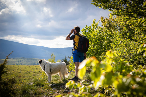 красивий чоловік і біла собака ходять по природі, використовуючи бінокль повільних подорожей
 - Фото, зображення