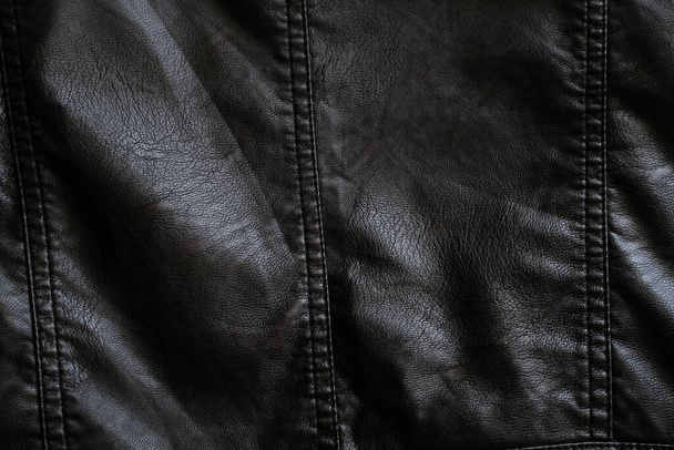 Black leather stitched fabric background, texture - Фото, зображення