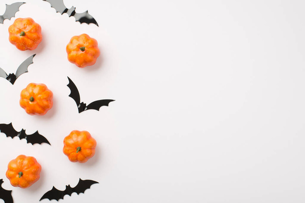 Top view photo of small pumpkins and bats silhouettes on isolated white background with copyspace - Фото, зображення