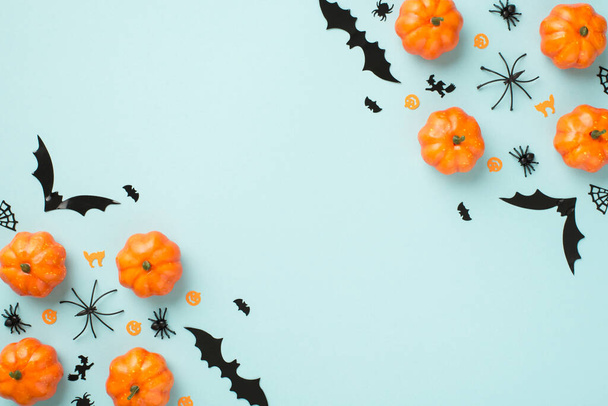 Bovenaanzicht foto van Halloween decoraties kleine pompoenen spinnen web kat heks en vleermuizen silhouetten op geïsoleerde pastel blauwe achtergrond met lege ruimte - Foto, afbeelding