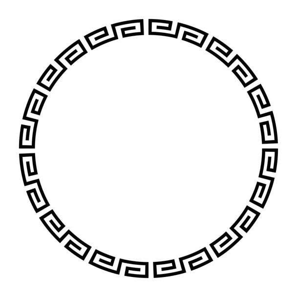 Meander kör egyszerű meander minta. Kör keret és dekoratív határ, szögletes spirálokból, zökkenőmentes motívummá alakítva, más néven görög kulcs. Fekete-fehér illusztráció fehér felett. - Vektor, kép