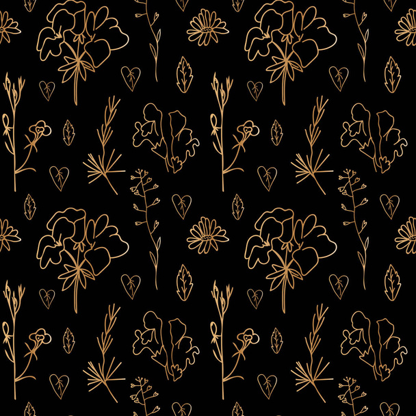 Nahtloses Vektormuster mit goldenen Gartenblumen auf schwarzem, isoliertem Hintergrund. Wiederholender Druck mit handgezeichneten botanischen Ornamenten im Doodle-Stil. Design für Textilien, Packpapier, Stoff, Verpackung. - Vektor, Bild