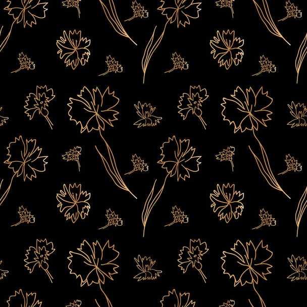 Seamless gold line floral vector pattern on a black isolated background hand drawn.Botanical repeating ornament in doodle style.Design for wrapping paper,packaging,textiles,fabric,web,social media. - Wektor, obraz