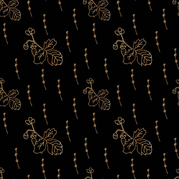 Seamless gold line floral vector pattern on a black isolated background hand drawn.Botanical repeating ornament in doodle style.Design for wrapping paper,packaging,textiles,fabric,web,social media. - Vector, Imagen