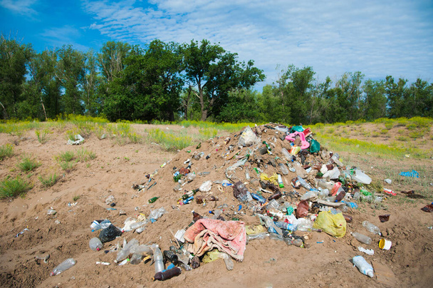 Eine Mülldeponie inmitten grüner Bäume, die die Umwelt verschmutzt - Foto, Bild