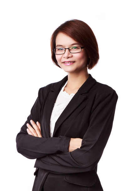 Asiática mulher de negócios em terno sorrindo isolado no branco
 - Foto, Imagem