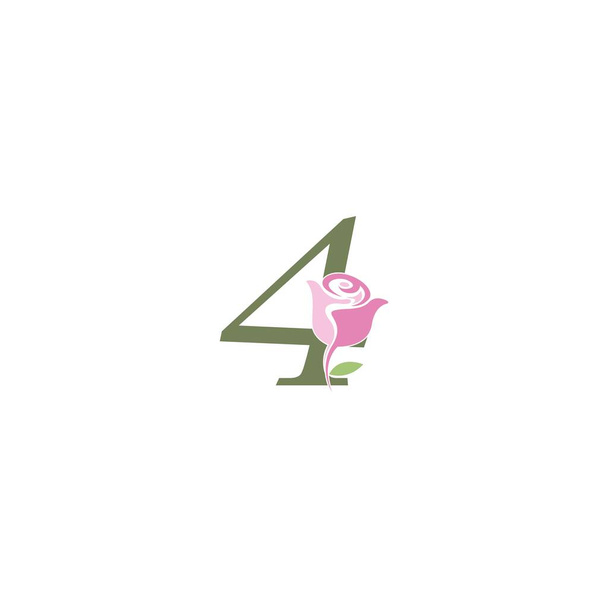 Número 4 con rosa icono logotipo vector plantilla ilustración - Vector, Imagen