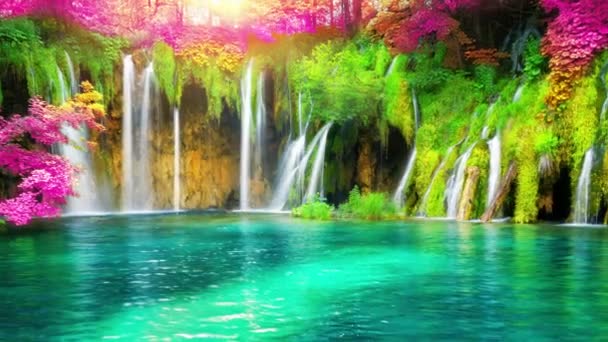 Cinemagraph video z wodospadem w Jeziorach Plitwickich Chorwacja, kolorowe liście fantasy - Materiał filmowy, wideo