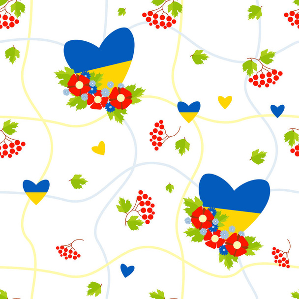 Nahtloses Muster. Geometrisches Gittermuster mit einem Blumenstrauß und einem gelb-blauen Herz, mit roten Viburnum-Beeren und Mohn auf weißem Hintergrund. Vektorillustration mit ukrainischem Geschmack - Vektor, Bild
