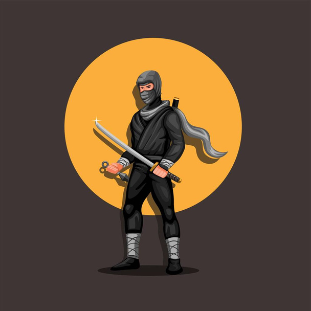 Ninja figürlü karakter arka planda gün batımı ile ayakta duruyor. Ninja Japon kültür maskotu illüstrasyon vektörü - Vektör, Görsel