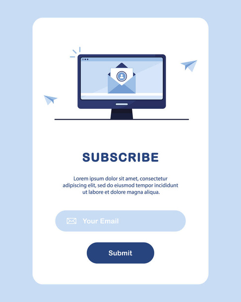 Banner of email marketing. Subscription to newsletter, offers, promotions, news. Subscribe, submit. Send by mail. Template desktop computer with an envelope. Origami paper airplanes. Blue. Eps 10 - Вектор, зображення