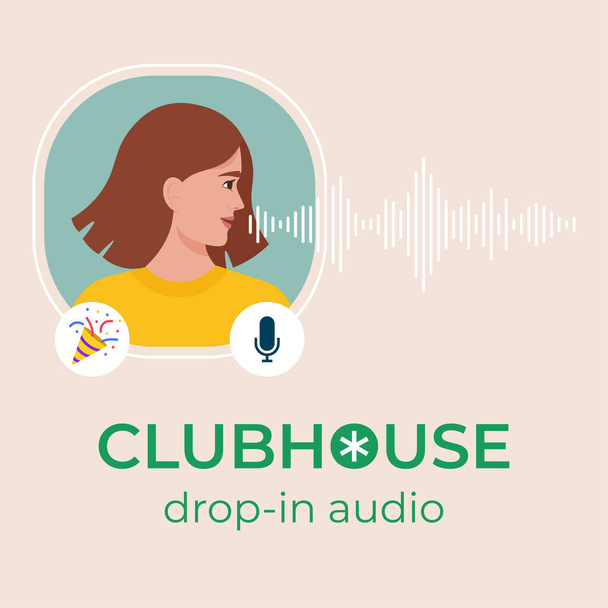 Clubhouse audio chat. Mensaje de voz en línea, chat de audio. Red social. Altavoz avatar femenino. Ilustración vectorial en estilo plano - Vector, imagen